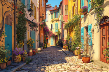  Picturesque European Alley with Cobblestone Street in Summer