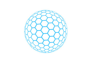 Poster - Vector illustration representing an abstract concept of protection and security through a sphere featuring a hexagon pattern set against a blue background, symbolizing cyberspace technology and