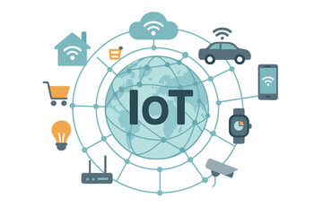 Poster - The concept of the Internet of Things is represented through a design that showcases a global network connection, highlighting communication technology and Internet networking, where wireless devices