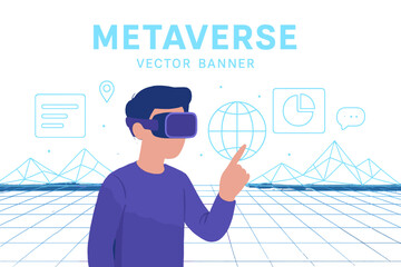 Poster - The concept of technology metaverse is represented by a banner, which embodies the idea of virtual digital reality and a simulated network of a futuristic world, known as the future digital