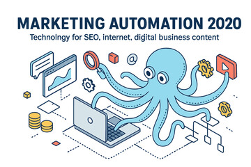 Poster - The 2020 marketing automation isometric banner features technology for SEO, internet, and digital business content