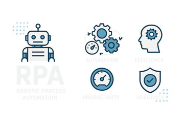 Poster - A web banner illustrating the robotic process automatisation concept, featuring key aspects and industry icons on a blue background, presented as a vector illustration