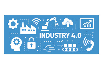 Poster - The Industry 0 concept is represented by a blue banner that incorporates various icons, along with infographics and the idea of smart manufacturing