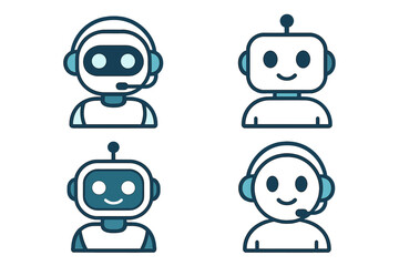 Fototapete - Digital assistance is represented by robotic avatars, including computer-based support bots and virtual help machines, depicted in vector illustrations and icons, providing cyber support and services