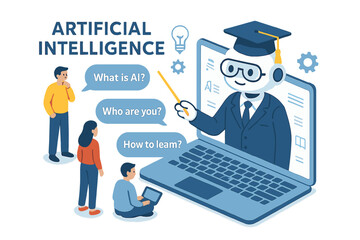 Poster - The concept of an isometric  features a science teacher bot where people can ask questions, highlighting knowledge, expertise, intelligence, and learning through technology and engineering in an