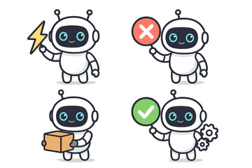 Poster - A collection of adorable white robots, depicted as cyber characters, holding various symbols such as lightning bolts, crosses, ticks, boxes, and adjustment cogs, presented in a cartoon flat vector