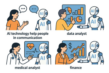 Poster - A collection of  vector illustrations is available in a bundled set, showcasing AI technology's role in facilitating communication, data analysis, medical analysis, finance, education, business