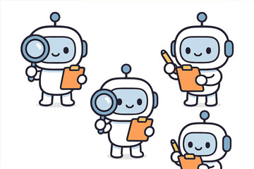 Fototapete - A set of adorable robot AI characters analyzes and records actions