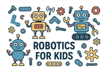 Fototapete - Vector illustration of robots and details for construction, for a banner or card about robotics for kids