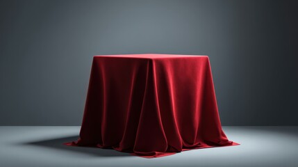 Poster - Square pedestal covered with red velvet cloth is standing in a gray room, creating an elegant and mysterious atmosphere for a product presentation or unveiling