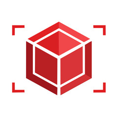 Poster - Red cubic package scanner with red screen corners on black background for product delivery security systems or object tracking