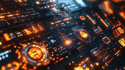 Poster - Futuristic circuit board with glowing orange elements.