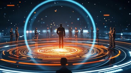 Aufkleber - Businessman standing at the center of a glowing circular platform, leading a team of professionals in a futuristic digital environment, embodying innovation and leadership