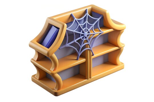 Stylized 3d rendered bookshelf with a purple spiderweb and book