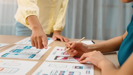 Poster - Panorama video of startup company employee planning on user interface prototype for mobile application or website in office. UX UI designer brainstorm designing user friendly interface plan. Synergic