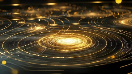 Poster - Golden particles are rotating and forming concentric circles on a dark background, creating a mesmerizing and abstract visual effect, ideal for technology, science, or futuristic themed projects
