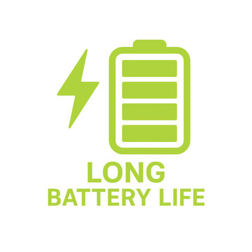 Long battery life icon, showing a battery and lightning bolt. Modern flat vector sticker label with icon and badge style, transparent background