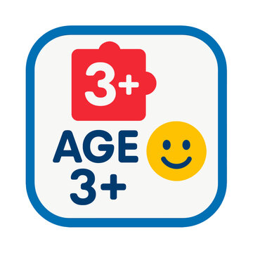 Age 3+ label with a smiling face, ideal for toy packaging and children's products. Modern flat vector sticker label with icon and badge style, transparent background