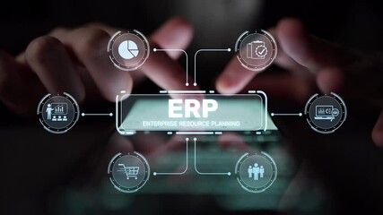 Poster - ERP platform visual showing centralized system for enterprise resource planning, improving integration, data flow, business efficiency, finance, inventory, and human resources. Muxer