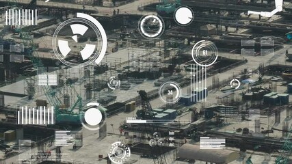 Poster - Construction technology concept with alteration graphic over construction site showing concept of automation and remote wireless machine control by using futuristic HUD in a computer software .