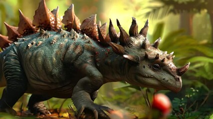 Poster - Styracosaurus moves through a lush prehistoric jungle in high quality stock footage showcasing vibrant greenery and detailed textures