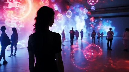 Poster - Silhouette of a girl visitor looking at a large immersive projection screen with colorful moving abstract shapes and lights with other blurred people silhouettes in the background
