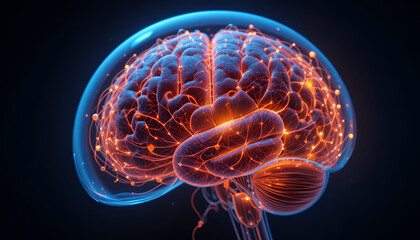 Poster - Cerebral cortex illustration showing neural networks and neurological activity in blue and orange tones with intricate details