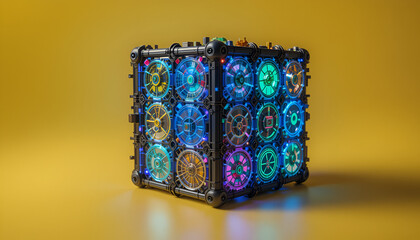 Fototapete - Futuristic cube with illuminated fans presents a vision of advanced technology and contemporary design against a golden background.