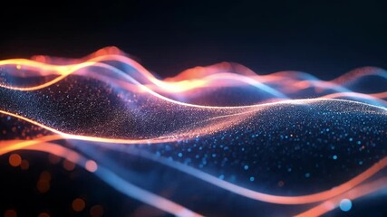 Aufkleber - Abstract particles forming glowing hills and waves in vibrant blue and orange hues create a captivating scene within a dark environment, enhanced by a mesmerizing bokeh effect