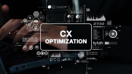 Poster - Professional Businessman Working on CX Optimization Strategy with Data Visualizations and Graphs for Improved Customer Experience. Asymptotic smart data analytic.