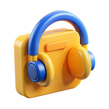 Yellow audio player with blue headphones 3d rendering icon isolated on background design element