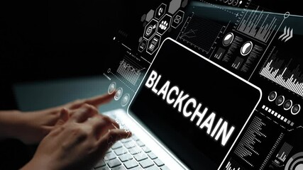 Poster - Innovative Digital Technology Concept Featuring Blockchain Text on Laptop Screen with Data Visualization Elements. Asymptotic smart data analytic.