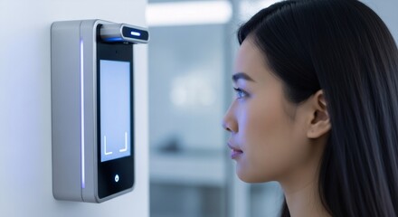 Poster - Asian woman using facial recognition system for security access. Biometric scanner device authenticating face scan. Future identity verification technology.