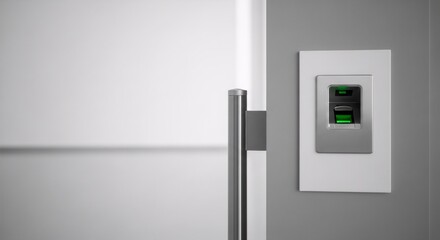 Poster - Biometric fingerprint scanner display on side of a door with green light. Access control system for secure entry.