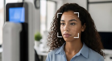 Poster - Young woman with digital grid on face for biometric scanner. Face detection concept. Security system technology with facial recognition.