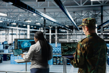 Poster - Military units in server room flagging unusual movement using machine learning detection tools. Team of army specialist in data center mapping airborne activity using predictive AI software