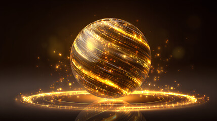 Poster - futuristic sphere with golden shine, neon flash and electric glow on transparent circle, brilliant spark and vector background, bright PNG light effect with magic frame in abstract modern design. Stoc