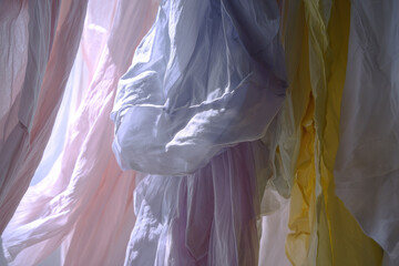 Aufkleber - Soft pastel fabric drapes overlap in gentle light, creating dreamy, serene atmosphere with flowing textures and subtle color transitions, evoking calm and comfort