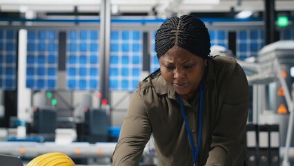 Poster - african american female expert reviewing solar panels production line, doing quality control in a ph