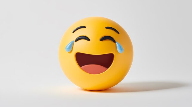 A yellow 3D emoji with a wide smile and tears of joy streaming down its face, set against a plain white backdrop. Humor and expression.