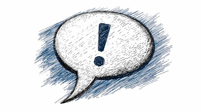 An artistic sketch of a speech bubble with an exclamation mark, conveying importance, urgency, or surprise, rendered with dynamic linework.