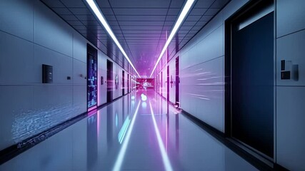 Poster - Light trails and data streams flow through a modern, sterile hospital corridor, symbolizing advanced medical technology and data transfer in healthcare