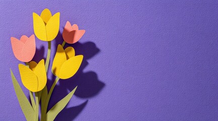 Poster - Colorful Paper Tulips Craft Flat Lay on Purple Background for Sp Decoration and Creative Handmade Floral Arrangement