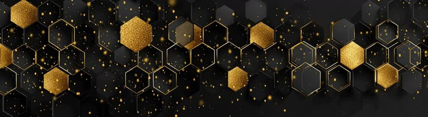 Poster - Abstract black background with a golden hexagon pattern, a luxury wallpaper design for a web banner or presentation cover Generative AI