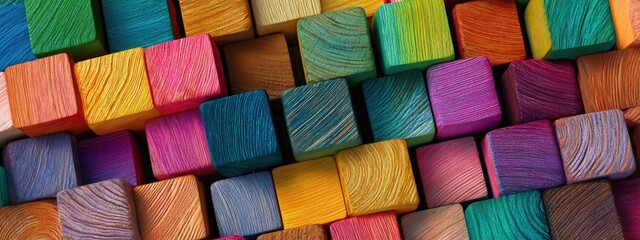 Poster - Close-up of colorful wooden blocks arranged in a pattern with various vibrant shades and textures perfectly captured for creative projects