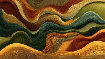 Aufkleber - Abstract textured landscape with flowing layered colors in shades of green brown orange and yellow resembling painted art or natural scenery