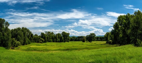 Poster - Breathtaking landscape of lush green golf course under vibrant blue sky with scattered fluffy clouds and dense surrounding trees du daytime