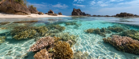Poster - Stunning tropical seascape with vibrant coral reefs clear turquoise water sandy beach rocks and lush green foliage under blue sky