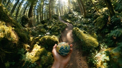Aufkleber - Lush green forest with tall trees moss-covered rocks and a narrow dirt trail holding a small globe representing nature conservation and exploration