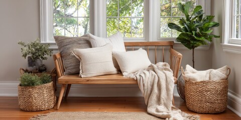 Poster - Elegant Indoor Living Room Scene with Comfortable Wooden Sofa, Plush Cushions, Cozy Throw Blanket, Green Houseplant near Large